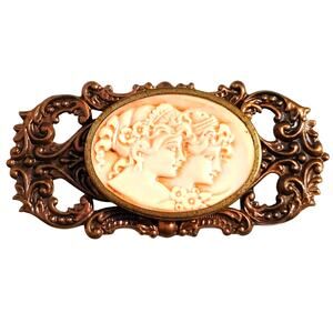 Vintage Twin Sisters Curly Hair Twin Lady Oval Antique Brass Pin Brooch Jewelry